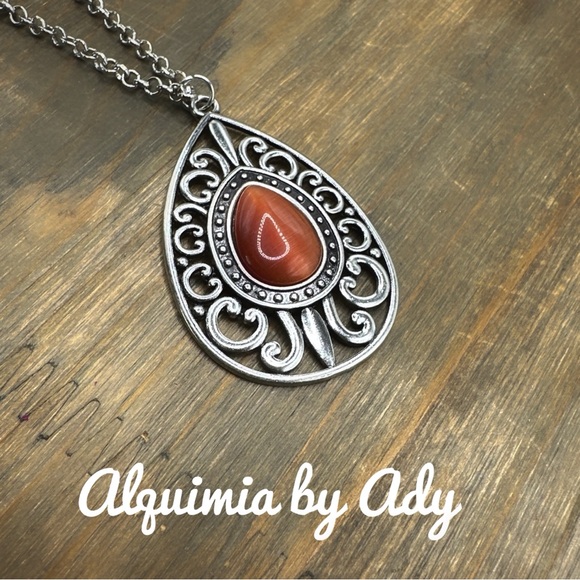 Alquimia Jewelry - Red tigers eye big pendant extra long necklace